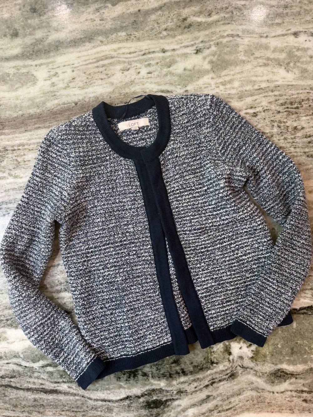 LOFT Navy and White Open-Front Cardigan